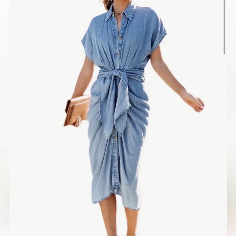 Unk Light Blue Tie-Front Midi Dress